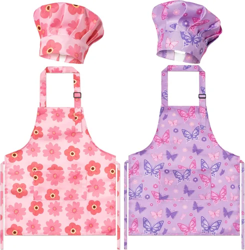 Vista 18 de Juego de 4 delantales y sombrero de chef para niños, regalo para niñas y niños, con palabras del alfabeto de animales, delantales ajustables