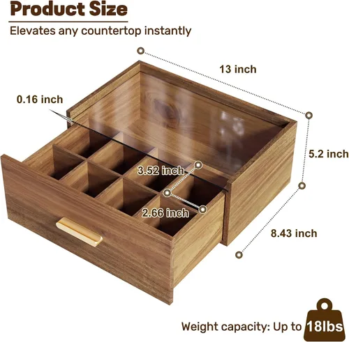 Vista 5 de Alsonerbay Acacia Wood Tea Bag Organizer, Tea Box with Drawer, Natural