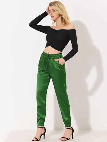 Vista 4 de Allegra K Pantalones de cintura alta para mujer, estilo casual, con cordón, longitud al tobillo, pantalones deportivos de satén, M