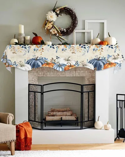 Vista 5 de Bufanda beige para chimenea de Acción de Gracias, bufanda de chimenea, calabaza de otoño, hojas de eucalipto, bufandas para chimenea, estante