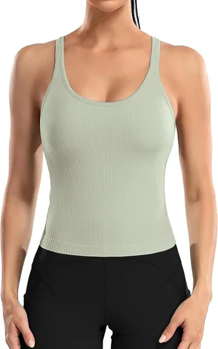 Vista 154 de ATTRACO Camiseta corta acanalada de entrenamiento para mujer con brasier integrado para yoga, espalda cruzada, ajuste ajustado