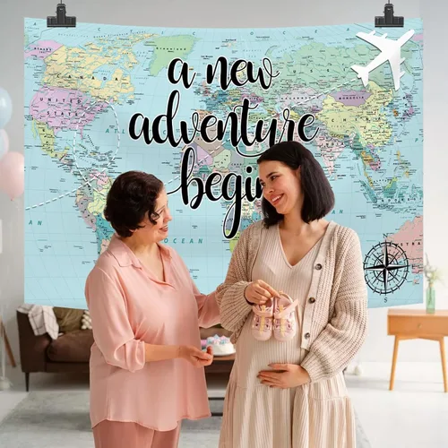 Vista 5 de Una nueva aventura comienza viajando niño, decoración de fiesta de baby shower, telón de fondo, mapa del mundo alrededor del mundo, aventura espera
