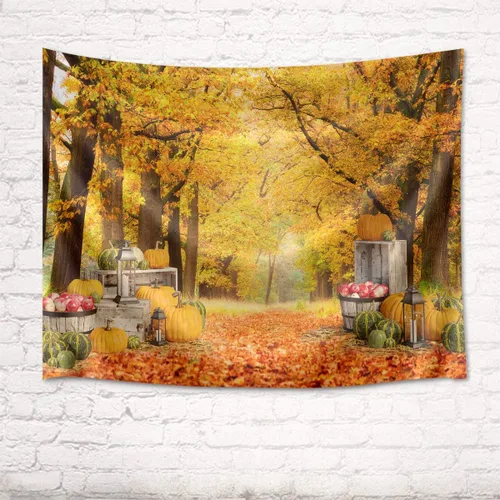 Vista 3 de HVEST Tapiz de hojas de arce otoñales para colgar en la pared, hojas de arce caídas, bosque y calabaza, tapiz para colgar en la pared, tapiz