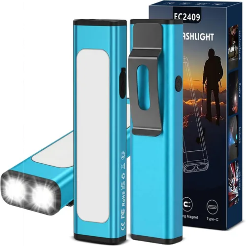 Vista 21 de Linterna plana EDC recargable, 1200 lúmenes USB-C (naranja, 1 unidad) Linterna de bolsillo con clip, 9 modos de luz magnética impermeable pequeña