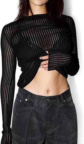 Vista 2 de J.Corrine Suéter de punto para mujer, de malla transparente, cuello redondo, manga corta
