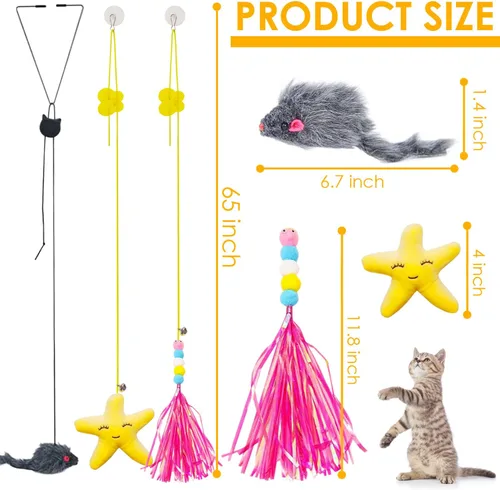 Vista 6 de Juguetes de ratones para gatos de interior – Paquete de 3 juguetes para gatos colgantes con borla – Juguete retráctil para gatos con cuerda, ratón