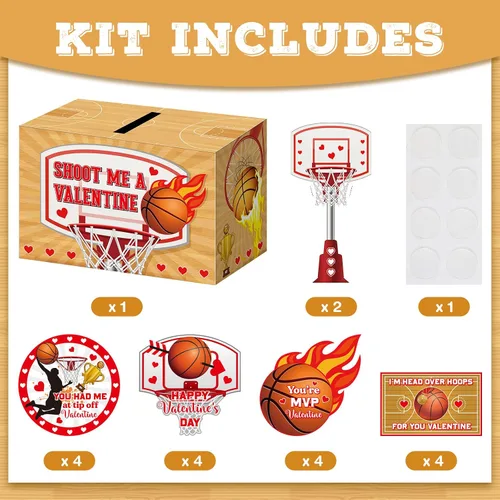 Vista 3 de Geyee Cajas de San Valentín de baloncesto con 4 tarjetas diferentes para intercambio de oficina, fiesta, 1 buzón, 16 tarjetas, 2 touchdown