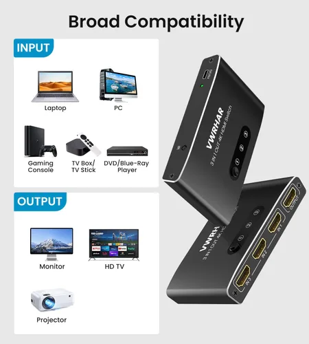 Vista 5 de Interruptor HDMI 3 en 1 Salida 4K UHD HDMI Switcher Splitter, interruptor automático con control remoto de metal HDMI Switch Box Hub Soporte 4K 3D