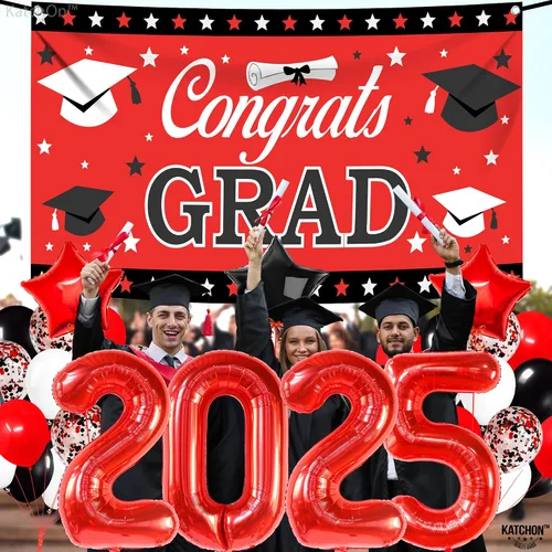 Vista 4 de KatchOn, Juego de 40 decoraciones de graduación rojas y negras 2025, globos rojos 2025, pancarta de felicitaciones para graduación de clase de 2025