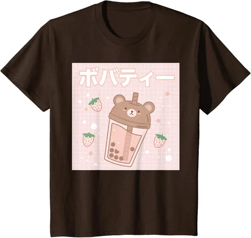 Vista 43 de Camiseta estética Kawaii con diseño de oso lindo y té con leche burbuja, talla S Blanco