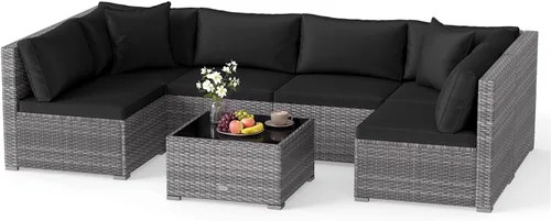 Vista 13 de Tangkula Juego de 2 sofás de mimbre para exteriores, sin brazos, juego de sofá modular de ratán para patio con 2 cojines de asiento gruesos y 2