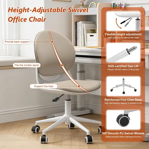 Vista 7 de Silla moderna de oficina en casa, silla de escritorio de tela de piel sintética sin brazos con respaldo medio, silla giratoria de altura ajustable
