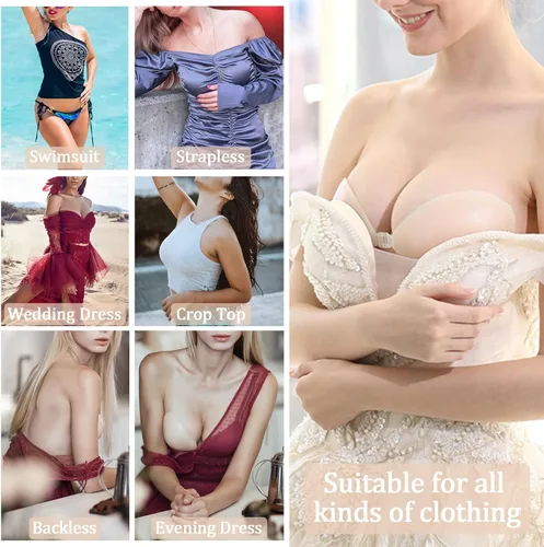 Vista 7 de FULNEW Sujetador adhesivo de silicona invisible Push Up para vestido sin espalda con cubiertas reutilizables para pezones