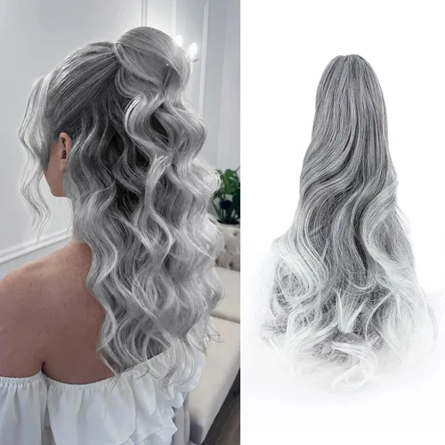 Vista 30 de Felendy Extensión de cola de caballo de 18 pulgadas, mezcla de rubio ceniza, marrón oscuro, rizado, ondulado, con clip, extensiones de cabello largo