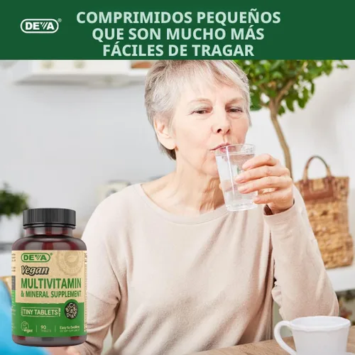 Vista 6 de DEVA Multivitamínico vegano para mujeres y hombres con hierro, vitamina C, E, vitaminas del complejo B, zinc, 90 tabletas pequeñas