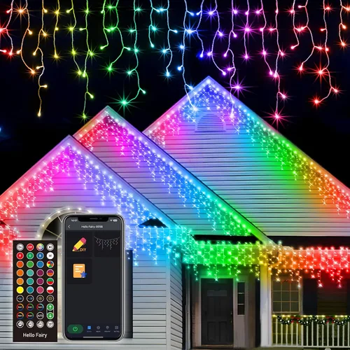 Vista 7 de Luces de carámbanos inteligentes de 16 pies con copo de nieve para exteriores, control de aplicación, cambio de color DIY, 16 gotas, 208 LED, luces