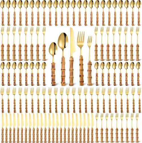 Vista 10 de Eboot Juego de cubiertos de bambú 18/8 de acero inoxidable, juego de vajilla natural, juego de utensilios de cocina, cubiertos con mango de bambú