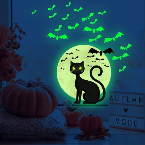 Vista 6 de Calcomanías de pared de Halloween que brillan en la oscuridad, calcomanías de pared de Halloween, calcomanías de pared luminosas de gato
