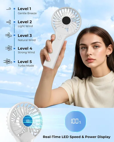 Vista 4 de Ventilador de mano portátil, batería recargable de 2000 mAh, viento de 5 velocidades, pantalla LED, mini ventilador de viaje personal, la parte