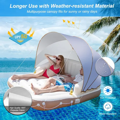 Vista 2 de Goplus Isla de toldo inflable, flotador de piscina de bronceado de 73 pulgadas con toldo retráctil y extraíble, SPF50+, 3 almohadas cómodas, carga