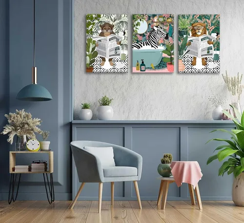 Vista 3 de 3 piezas de lienzo de animales de la selva para baño, arte de pared de cebra en la bañera, imágenes de mono león en el inodoro, lectura