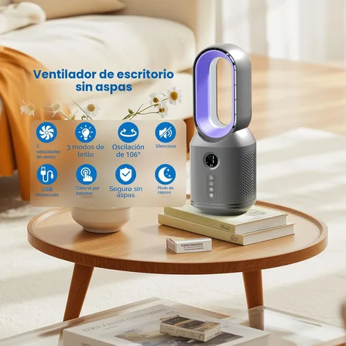 Vista 2 de Desk Fan,13 Inch Portable Bladeless Fan, Small Quiet Office Fan with 106° Oscillating, 3 Speeds & Night light, LED Display, Button Control, Personal