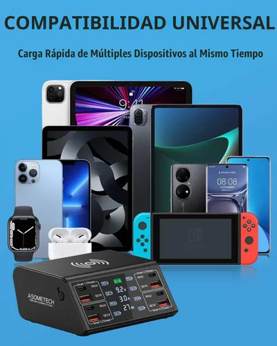 Vista 5 de Cargador USB, ASOMETECH 100 W, 8 puertos, estación de carga USB múltiple con 4 puertos de carga rápida 3.0, 4 puertos USB C PD, cargador Negro