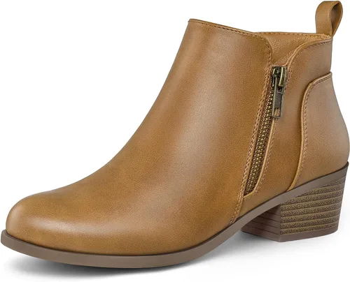 Vista 15 de Mysoft - Botines de tobillo para mujer con tacón bajo grueso y puntera redonda, estilo casual, cómodos, cortos con cremallera lateral PU Coñac