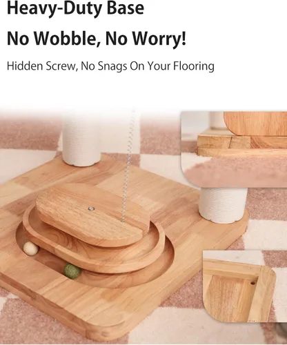 Vista 7 de Árbol de madera para gatos grandes, torre moderna para gatos con estantes anchos, postes rascadores de algodón, base súper resistente, perchas