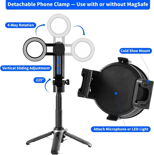 Vista 5 de Trípode magnético para selfie, trípode de bolsillo extensible para teléfono para iPhone y Android, con control remoto Bluetooth desmontable