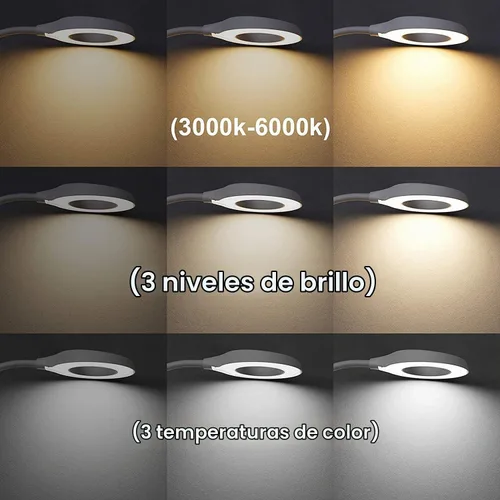 Vista 4 de JKSWT - Lámpara de escritorio, luz de lectura con clip, anillo de luz LED con 3 modos de color, 9 atenuadores de brillo, 60 LED, panel de control
