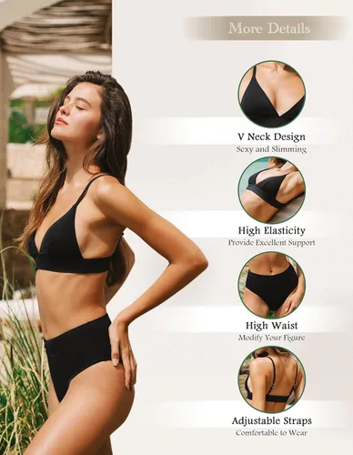 Vista 5 de Conjunto de bikini para mujer, traje de baño de dos piezas, cuello en V, control de abdomen, parte inferior atrevida