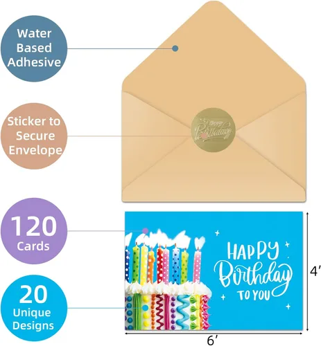 Vista 2 de 120 tarjetas de feliz cumpleaños con sobres, tarjetas de cumpleaños a granel con mensaje genérico corto en el interior, 20 diseños únicos, 4 x 6