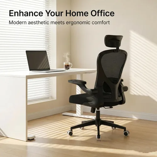 Vista 4 de Silla de oficina cómoda con respaldo alto y malla transpirable 350LBS Capacity Ergonomic Office Chair with Adjustable Lumbar Support & Flip-Up