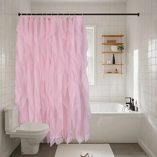 Vista 5 de Cortinas de ducha Reisen rosa con volantes para baño, cortina de ducha estilo granja, 72 x 72 pulgadas