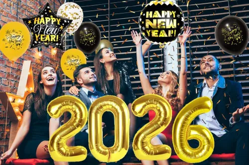 Vista 5 de Juego de decoraciones de Feliz Año Nuevo 2026, enormes globos de números de lámina dorada 2026, pancarta de feliz año nuevo, globos de látex negros