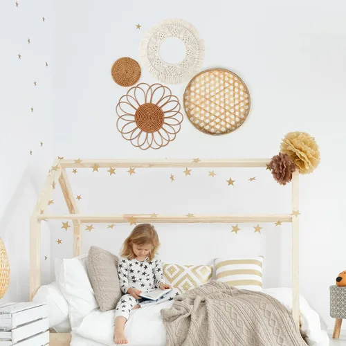 Vista 5 de Marsui Juego de 8 colgantes de pared bohemios, ratán tejido, cestas de bambú con borlas de macramé y tapiz para dormitorio, sala de estar