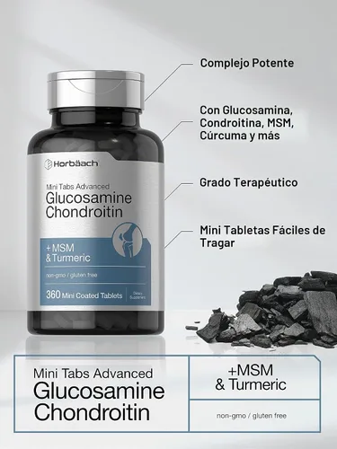 Vista 3 de Horbäach Glucosamina Condroitina MSM Turmeric 360 Mini tabletas recubiertas Fórmula avanzada de glucosamina Suplemento sin OMG y sin gluten
