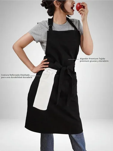 Vista 3 de Delantal de cocina 100% algodón con 2 bolsillos, delantal de chef ajustable para cocinar, hornear barbacoa, delantal unisex