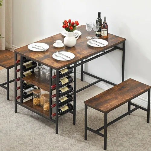 Vista 9 de IDEALHOUSE Juego de mesa de comedor para 4, juego de mesa de cocina para 4 con 2 bancos, juego de mesa de comedor rectangular con estante para Negro