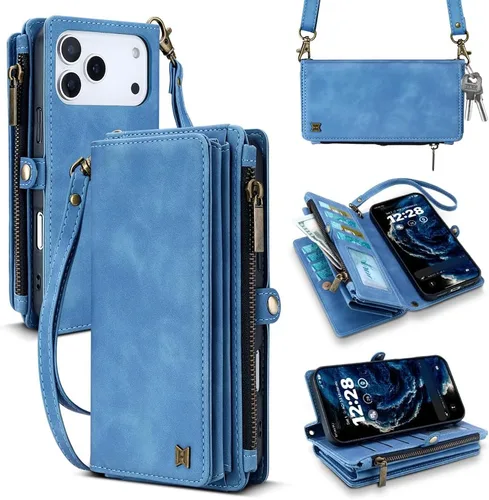 Vista 76 de Funda tipo cartera para iPhone 16 Pro Max con 8 tarjeteros, bloqueo RFID, piel sintética, función atril, abatible, correa de muñeca y correa