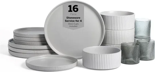 Vista 14 de Stone Lain Haven - Juego de 4 tazones de cerámica moderna, juego de platos para 4, esmaltado reactivo blanco arenoso