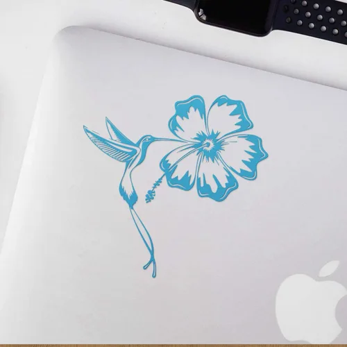Vista 3 de Adhesivos transparentes de tatuaje de colibrí e hibisco (azul celeste) Calcomanías de vinilo impermeables prémium para teléfono portátil, accesorio