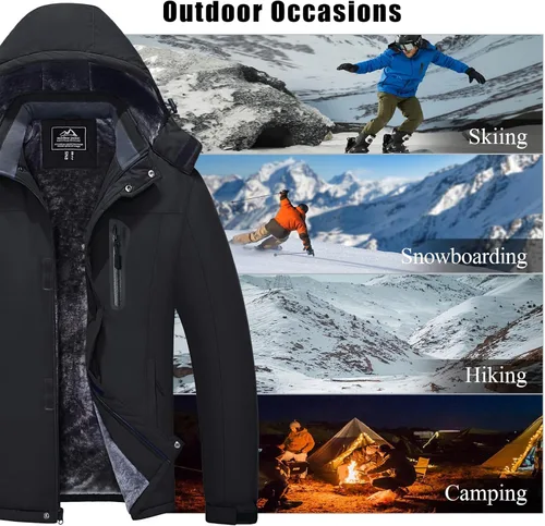 Vista 7 de MAGCOMSEN - Abrigos de invierno para hombre, impermeables, con forro polar, parka, con capucha, para esquiar, senderismo, trabajo Negro