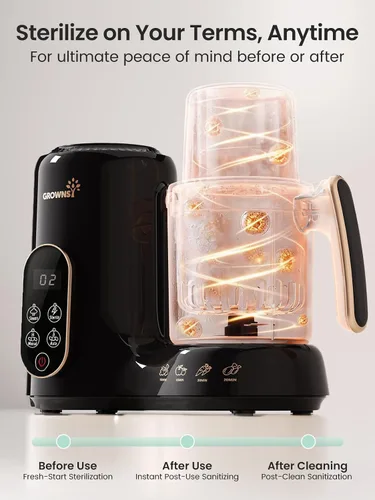 Vista 6 de Grownsy Fabricante y procesador de alimentos para bebés con cesta de vapor Negro y dorado