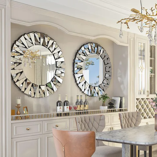 Vista 4 de Espejo Decorativo Redondo Plateado: 31.5 in Pared Vanity-Mirror Biselado Elegante espejo de cristal circular para baño con elegantes bordes
