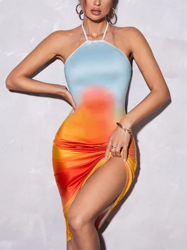 Vista 5 de SHENHE Vestido midi asimétrico sin espalda para mujer, con abertura alta, con nudo y espalda descubierta