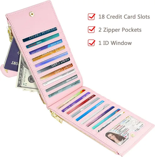 Vista 3 de Billetera de gran capacidad con bloqueo RFID para mujer, organizador multitarjetas, billetera plegable para mujer con bolsillo con cremallera