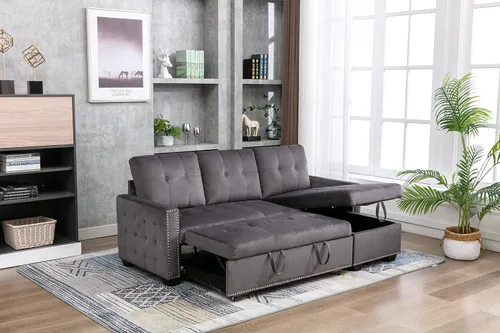Vista 4 de Sofá cama modular reversible de 77 pulgadas, en forma de L, 2 asientos, con almacenamiento, tela de terciopelo con sensación de piel, color gris