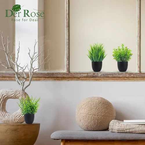 Vista 2 de Der Rose Paquete de 4 plantas falsas en maceta negra y 2 paquetes de plantas falsas, pequeñas plantas artificiales en maceta pequeñas para baño